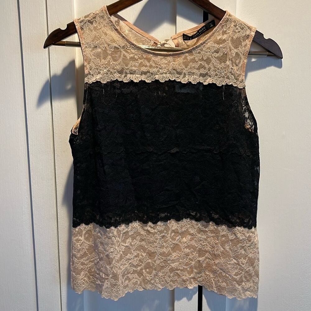 Zara Black and Cream Lace Tank w/Tie Back Size XS NWT